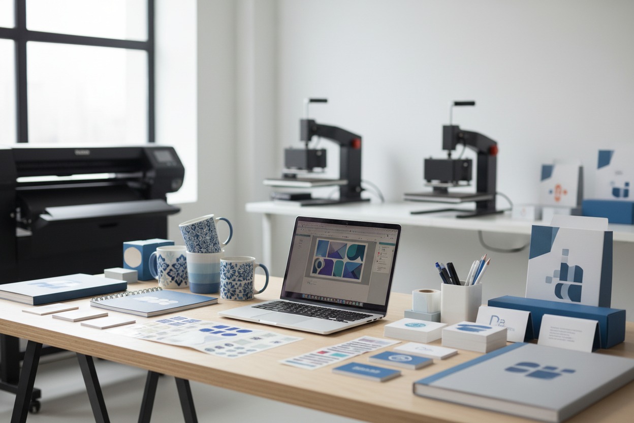 Interior de um estúdio criativo de personalização com equipamentos modernos de impressão, notebook mostrando um projeto gráfico, canecas personalizadas, blocos de anotações, adesivos, etiquetas, cartões de visita, embalagens personalizadas e materiais de papelaria organizados sobre uma mesa de madeira clara. Ambiente iluminado, estilo minimalista, tons branco, cinza e azul, aparência premium, fotografia publicitária de alta qualidade, ultra realista, profundidade de campo suave, transmitindo confiança, criatividade e excelência.