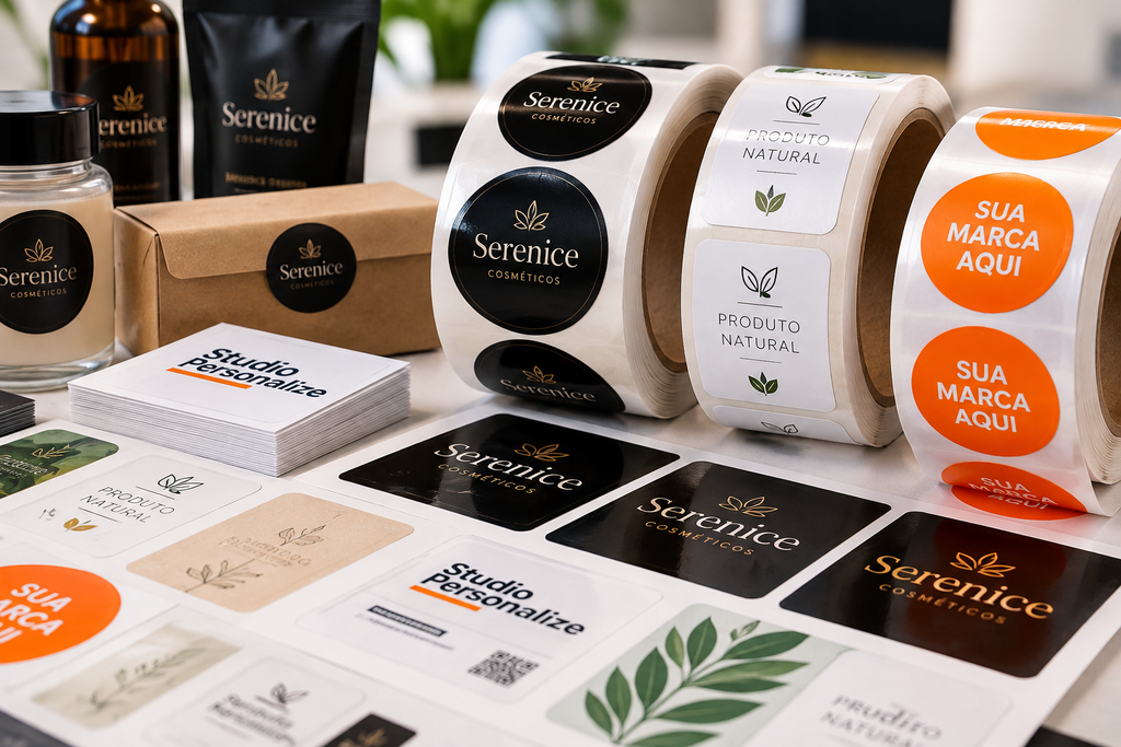 Adesivos e etiquetas personalizadas para embalagens, produtos e brindes corporativos.